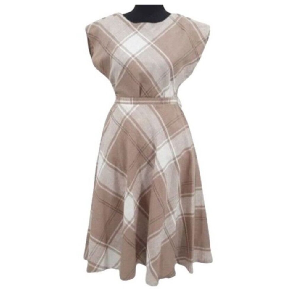 Vintage 70s TanJay Plaid Short Sleeve Top A-Line Skirt Set Size 8 Tan Cream